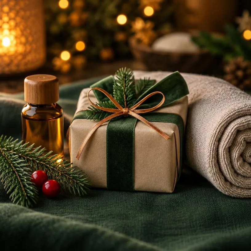 Weihnachtsgeschenk: klein verpacktes Präsent mit Tannenzweig, daneben ein gefaltetes Tuch und eine Flasche Massageöl